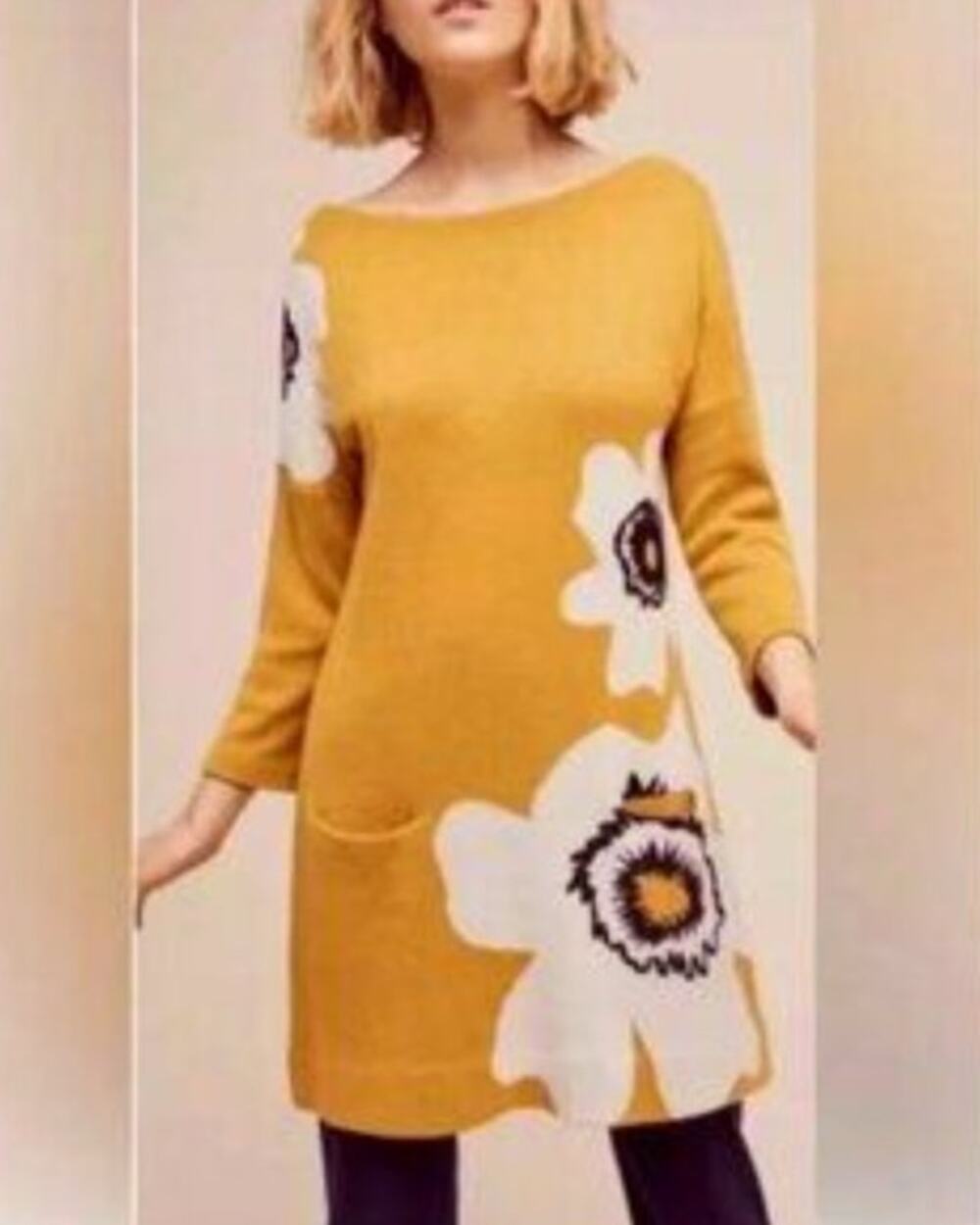 Field & Flower Anthropologie Yellow Flower Sweater Dress Size S